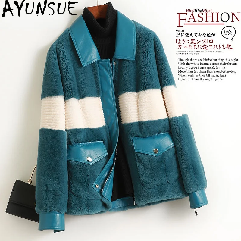 

AYUNSUE Short Real Rex Rabbit Fur Coat Female Winter 2021 Warm Casual Fur Jackets Women Sheepskin Collar Casaco Feminino Gxy372