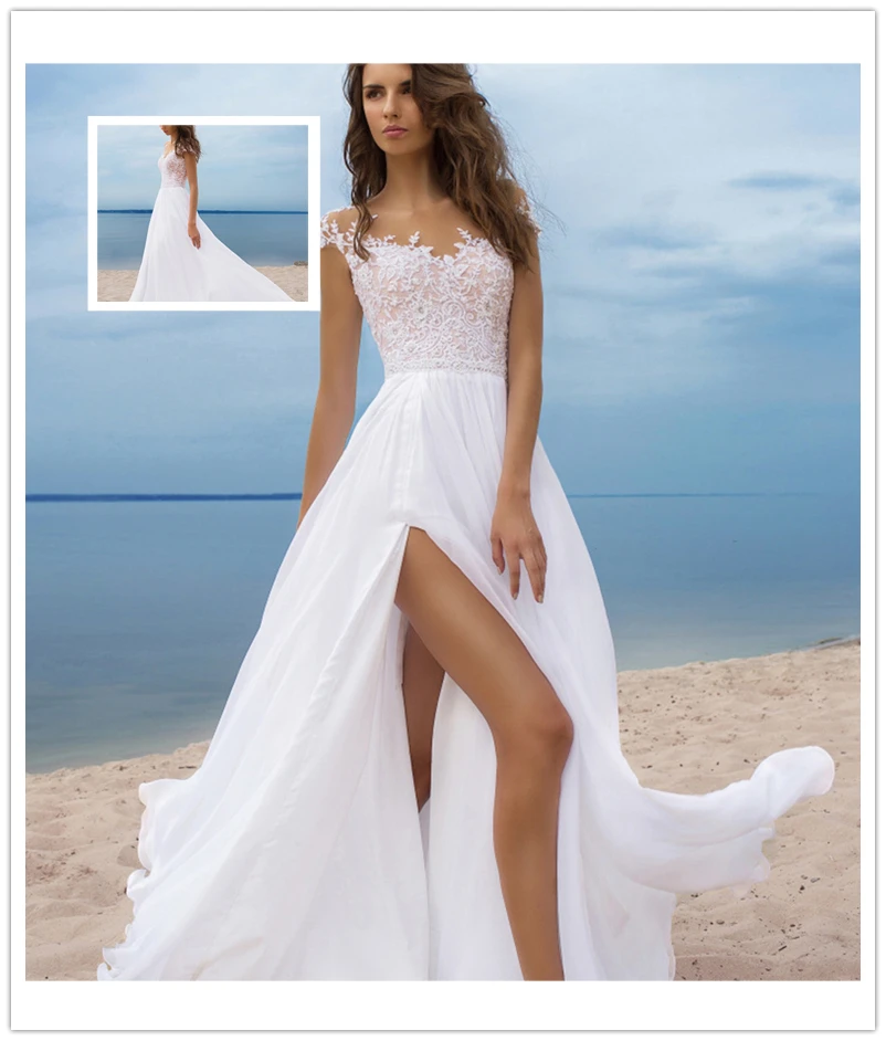 Long Boho A-Line Backless Wedding Dress Sheer Bodice Bride Dresses Princess Floor Length Wedding Gowns Sexy Split Chiffon