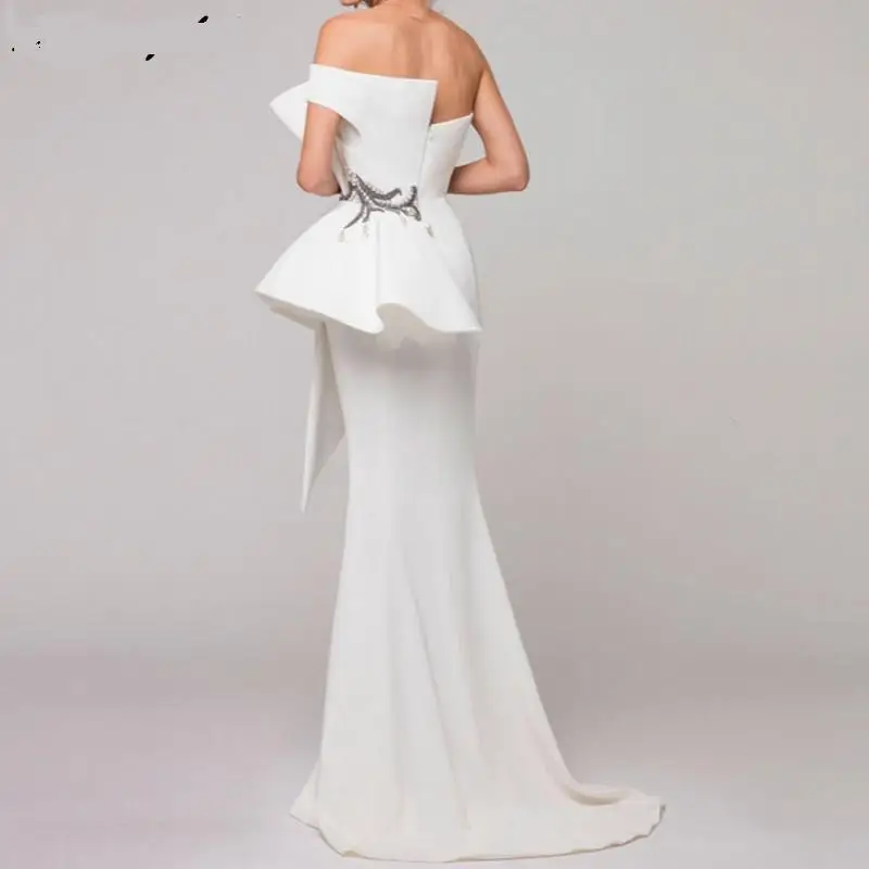 Customized Trumpet Elegant Formal Long Prom Evening Dress White Satin Off-The-Shoulder Irregular Shape Ruffles Beaded Party Gown