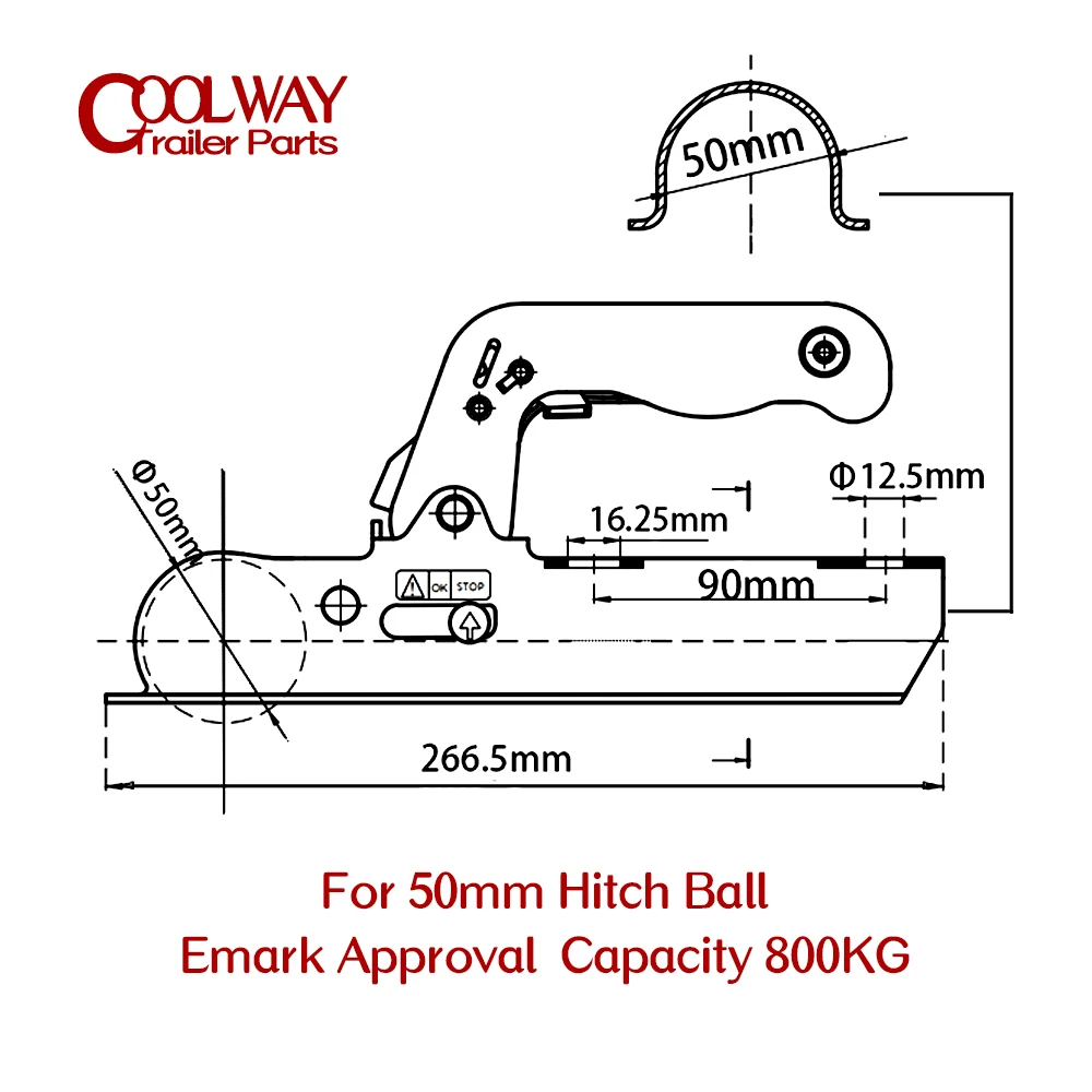 Emark Approval EU Style Trailer Coupler For 50 MM Hitch Ball Round Channel RV Parts Car Camper Accessories Caravan Components