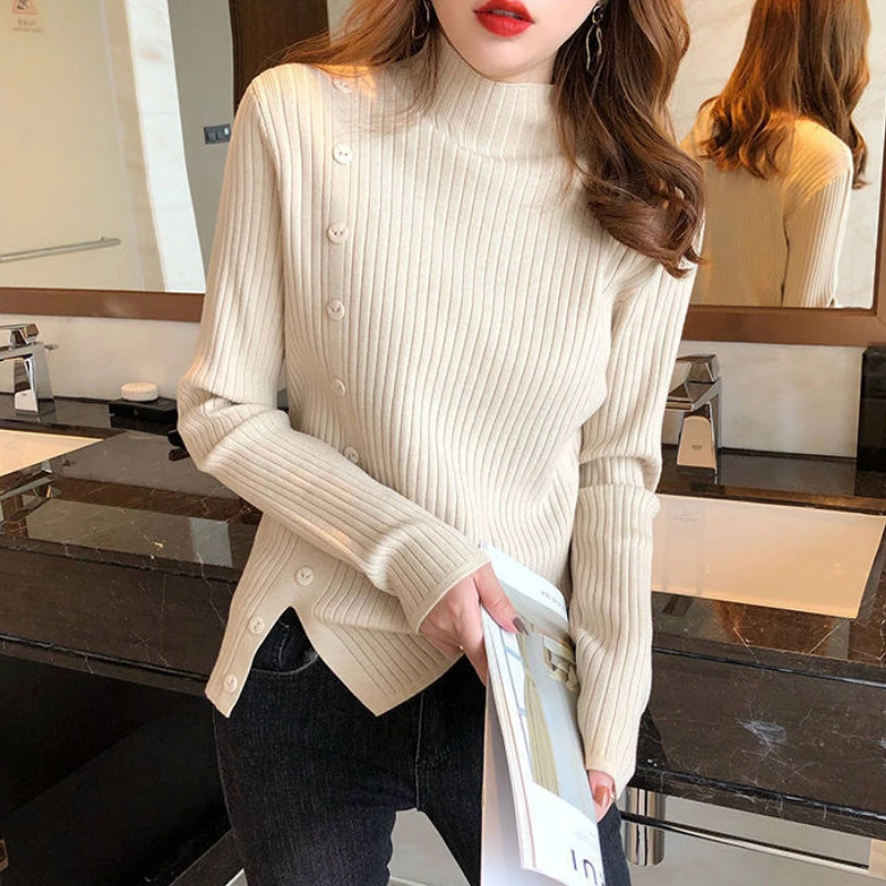 

2021 autumn women's sweater Harajuku button half high neck bottoming shirt autumn and winter hem slit knit top sweater women