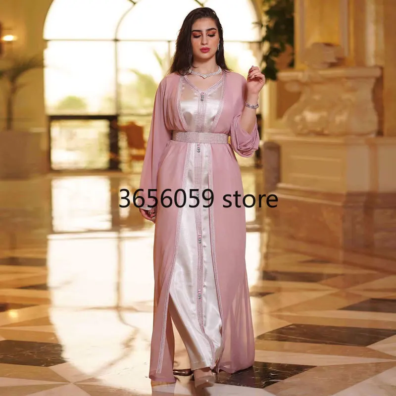 Diamond Belt Moroccan Takchita Party Kaftan Pink Chiffon Abaya Satin Inner Dress Saudi Middle East Muslim Party Eid Ramadan Robe