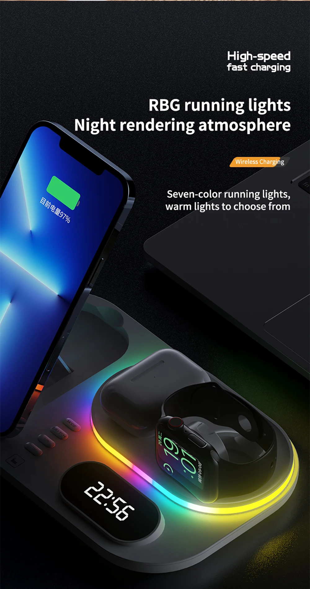 Kabelloses Ladegerät 4-in-1 Schnelle Kabellose Ladestation für iPhone 15 16 17 Pro Max Apple Watch Kabelloses Ladegerät mit Lampe und Uhr – Detail 12