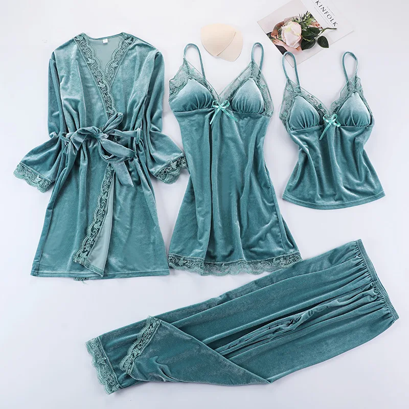 2022 Black Lace Gold Velvet 4 Pieces Women Warm Winter Pajamas Sets With Pants Sexy Robe Pajamas Sleepwear Sleeveless Nightwear