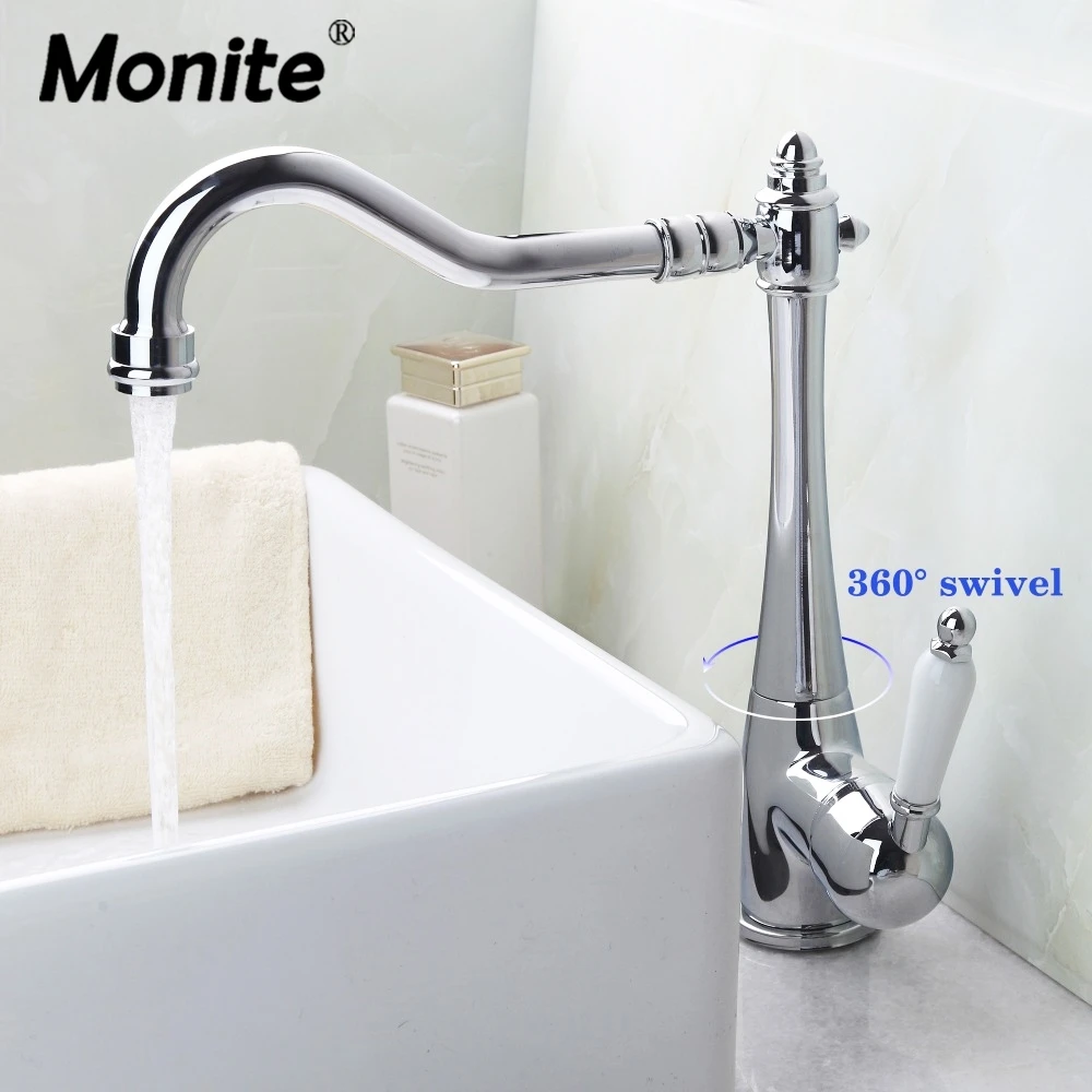 

Monite Chrome Polish Swivel Kitchen Sink Mixer Tap Faucet Solid Brass Ceramic Handle Water Tap Faucet Counter Top Deck Mount Tap