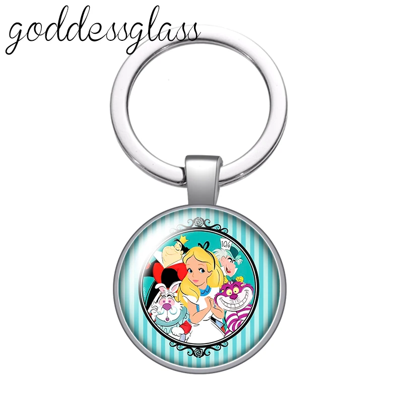 Disney Alice Cheshire cat white rabbit glass cabochon keychain Bag Car key chain Ring Holder Charms keychains gift