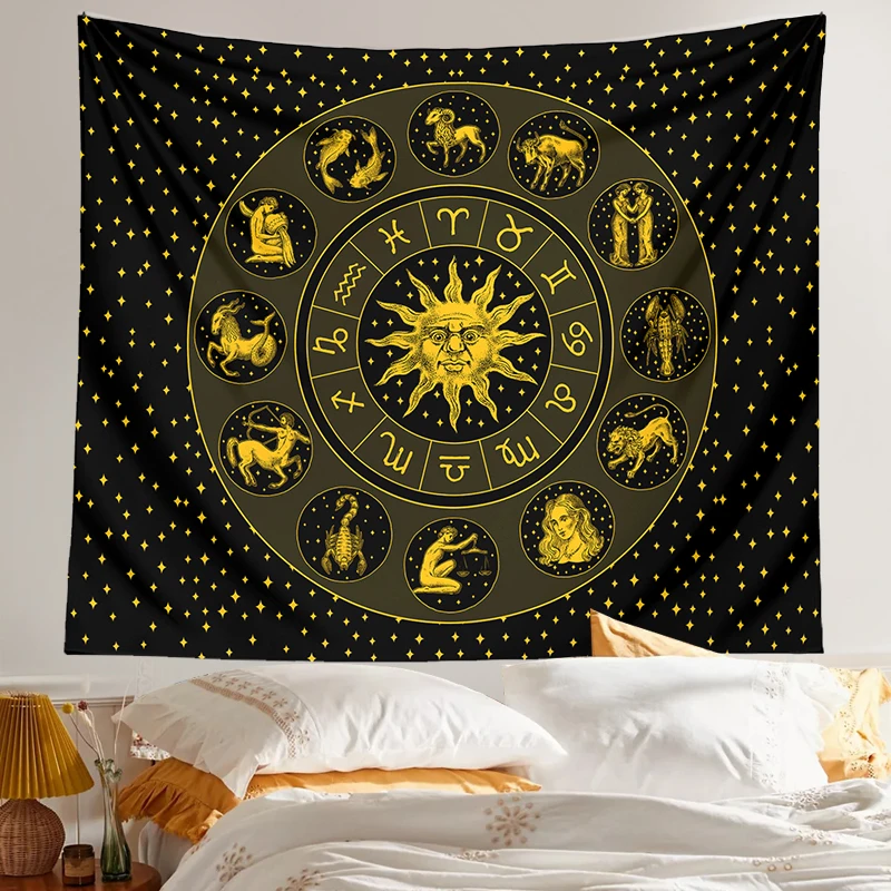 Zodiac Sun Moon Constellation Tapestry Wall Hanging Witchcraft Decor Bedroom Starry sky Psychedelic Dorm Room Wall Decor