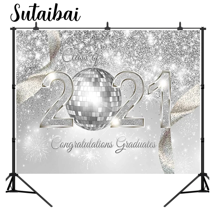 Congrats Grad Party Backdrop Class of 2021 Silver Glitter Shimmer Photography Background Boys Girls Congratulates Graduates Prom