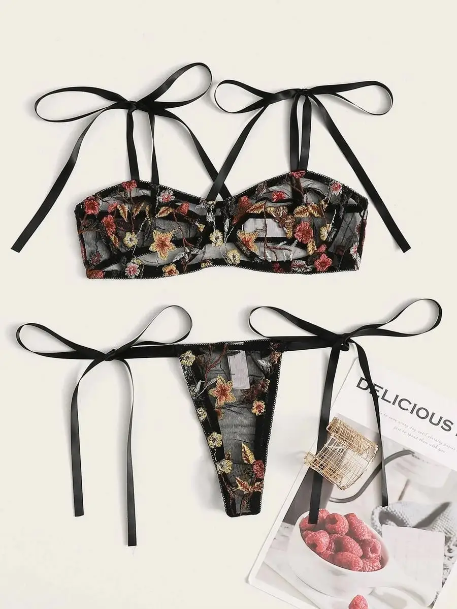 

Floral Embroidery Bra & Side Tie Thong Summer black cosplay lace female fun three-point perspective bag pajamas