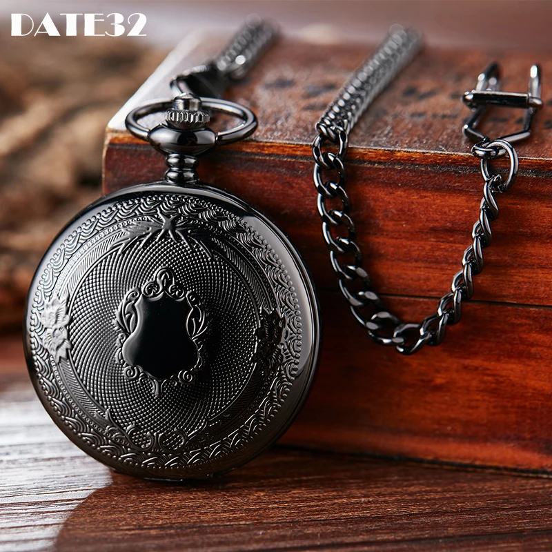 

Vintage Pendant Quartz Pocket Watch Male Classic Engraved Black Case Roman Numerals Dial Clip Fob Chain Clock for Men Women Gift