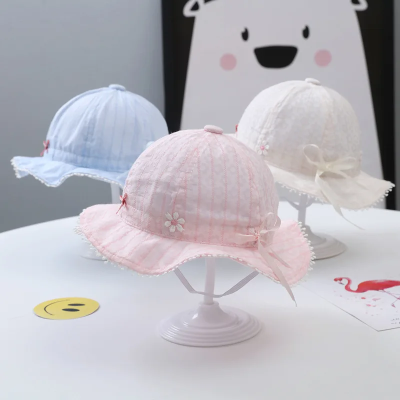 3 Colors Summer Outdor Sun Hat Baby Girls Cute Pink Cap Kids Cotton Breathable Bucket Hats with Stripes (for 3-18 Months Babies)