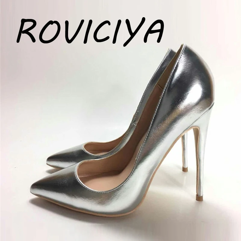 

Silver Gold Pointed Toe high heels 12 cm Pumps Shoes Prom Wedding Shoes Brand Designer Stiletto Shallow plus size YG018 ROVICIYA