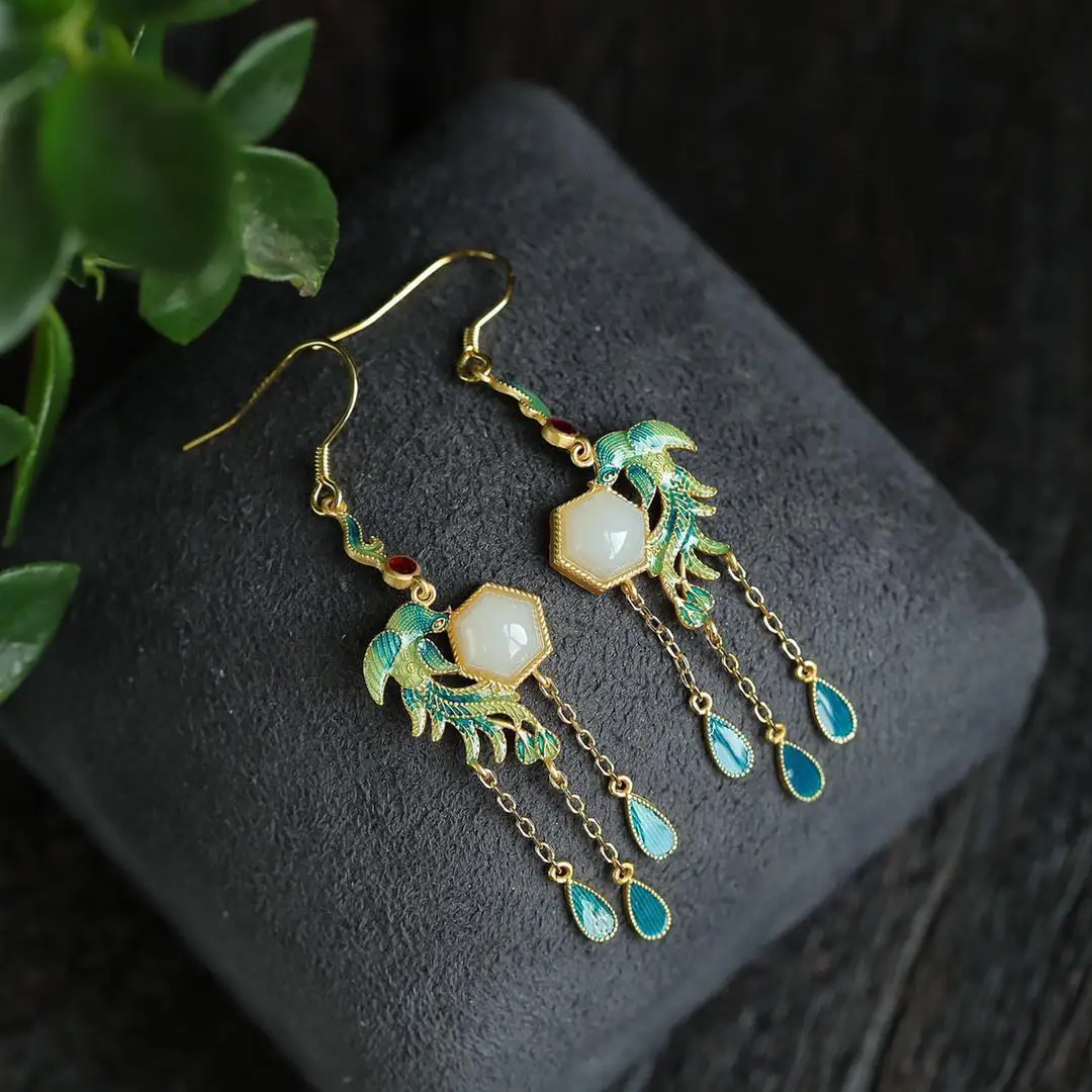 

Designer original natural Hetian jade geometric enamel porcelain phoenix earrings retro Chinese style ladies jewelry