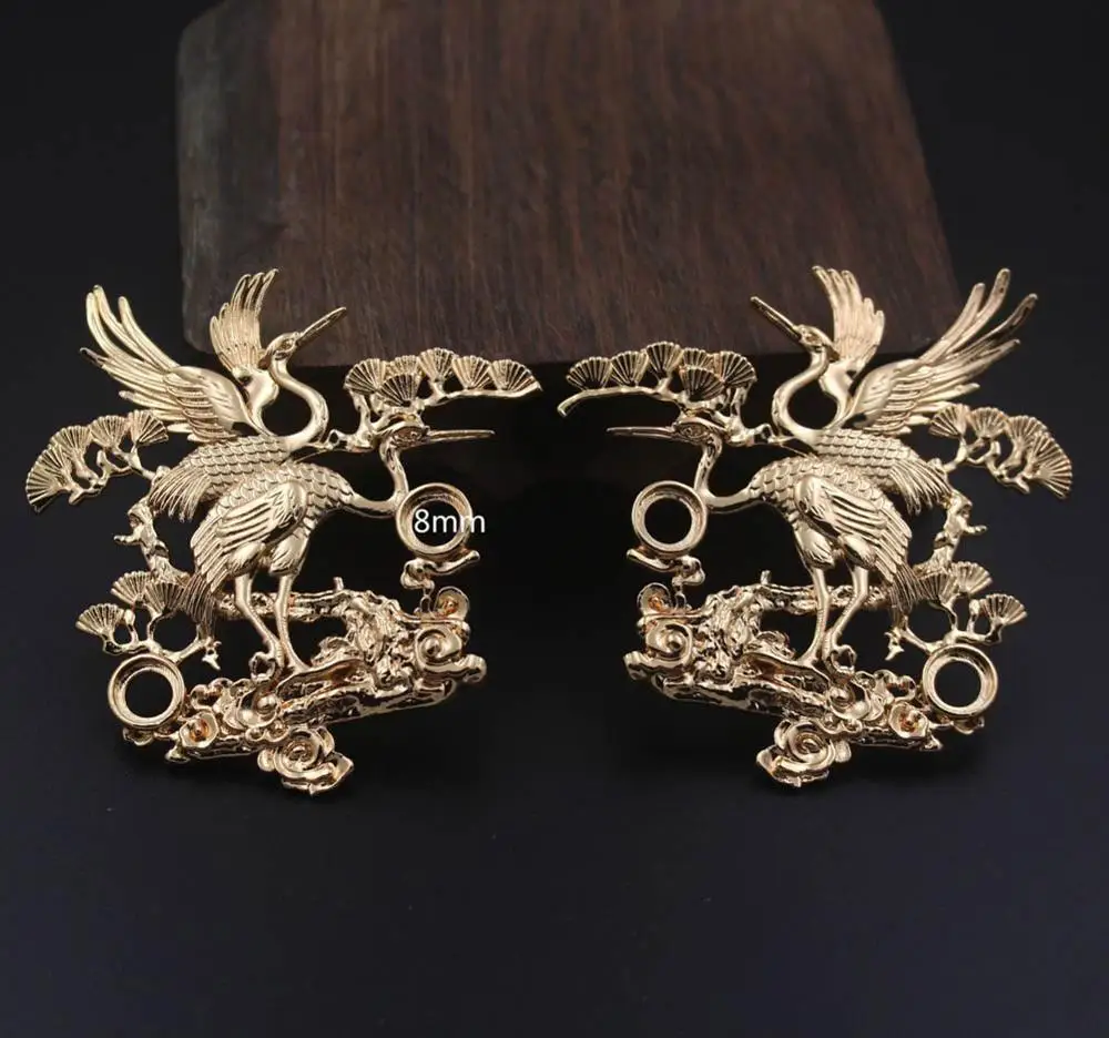 2pair Brass Casted Cranes Pine Tree Branch Charms 8mm Open Back Cameo Base Stamping Decoration Quality DIY  Jewelry Accessories