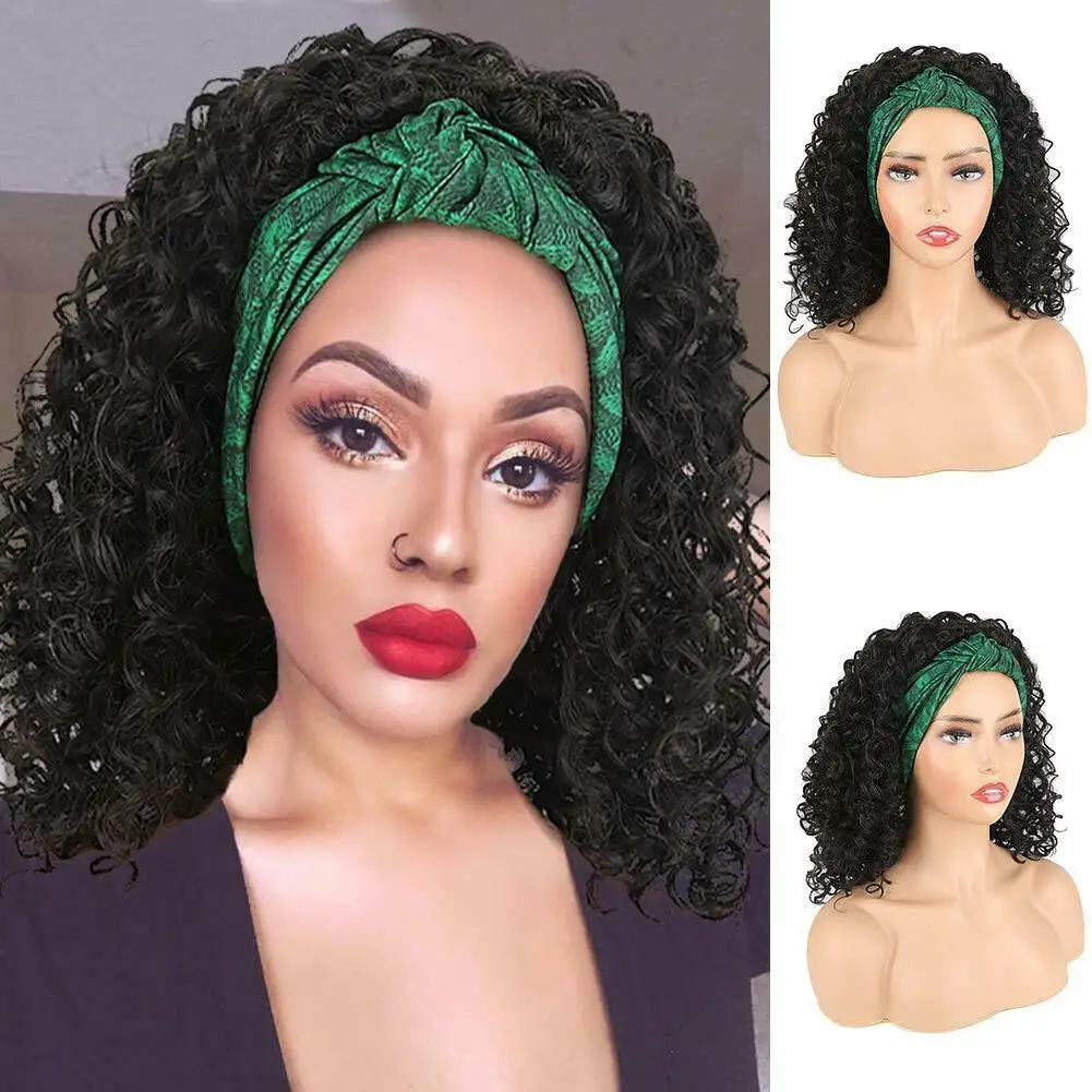 Headband Wig Synthetic Kinky Curly Hair Wig With Scarf Heat Resistant Synthetic HeadBand Wig Natural Color For Black White Wome