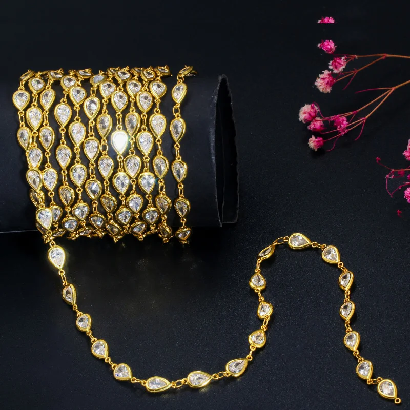 CWWZircons 50cm Handmade Shiny Cubic Zirconia Bead Long Necklace Bracelet Anklet Link Chain for DIY Jewelry Making Material D004