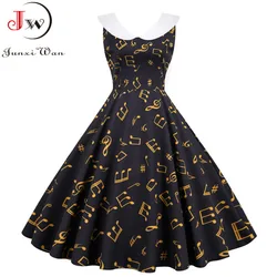 Summer Dress Women Sweet Peter pan Collar Vintage Elegant Music Note Print Slim Sleeveless Party Dresses Robe