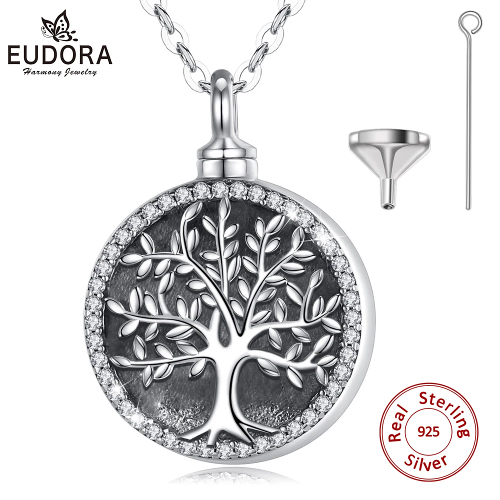 Eudora Sterling Silver Round Locket Tree of Life Crystal CZ Cremation Memorial Ashes Urn Necklace Vintage Jewelry Keepsake CYG19