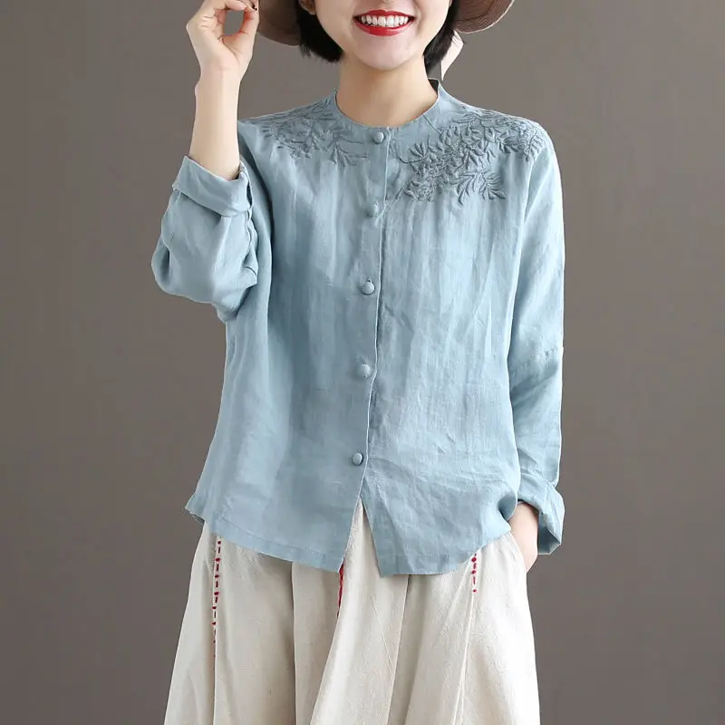 100% Cotton Linen Shirt With Embroidery Women Luxury Middle Ages Long Sleeve Crew Neck Shirt Solid Color Basic Blouse Feamle Top