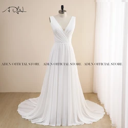 ADLN Elegant Double V-neck Beach Wedding Dress Beaded Boho Chiffon Bride Sweep Train A Line Gown Custom Size