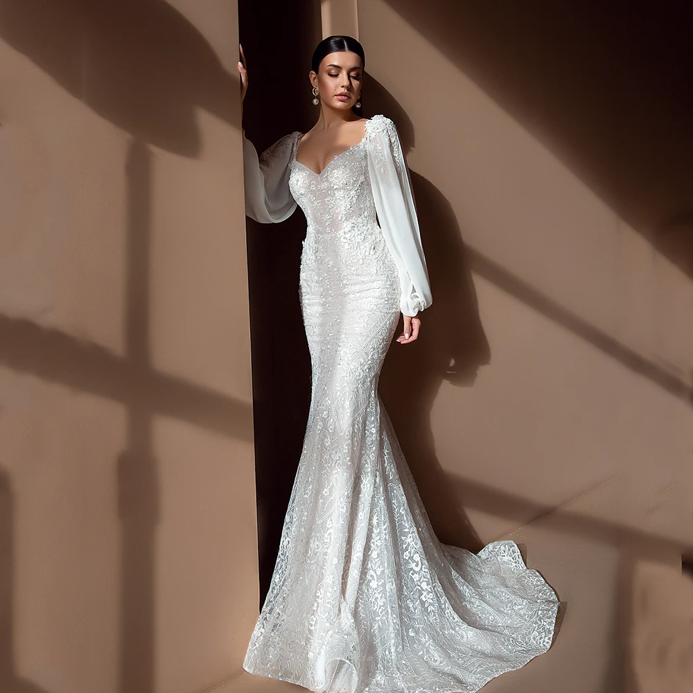 Customized UETEEY Sexy Lace White Mermaid Wedding Dresses Sweetheart Detachable Puffy Sleeves Sweep Train 2021 Elegant Wedding G