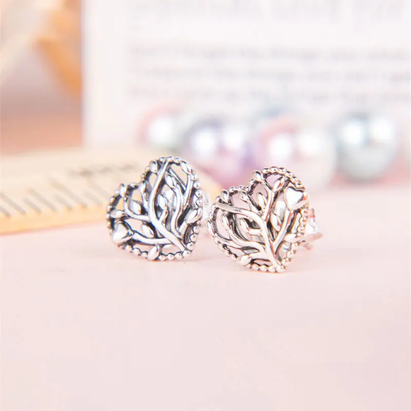 925 Sterling Silver Tree Heart Stud Earrings Fits All European Pandora Jewelry For Women