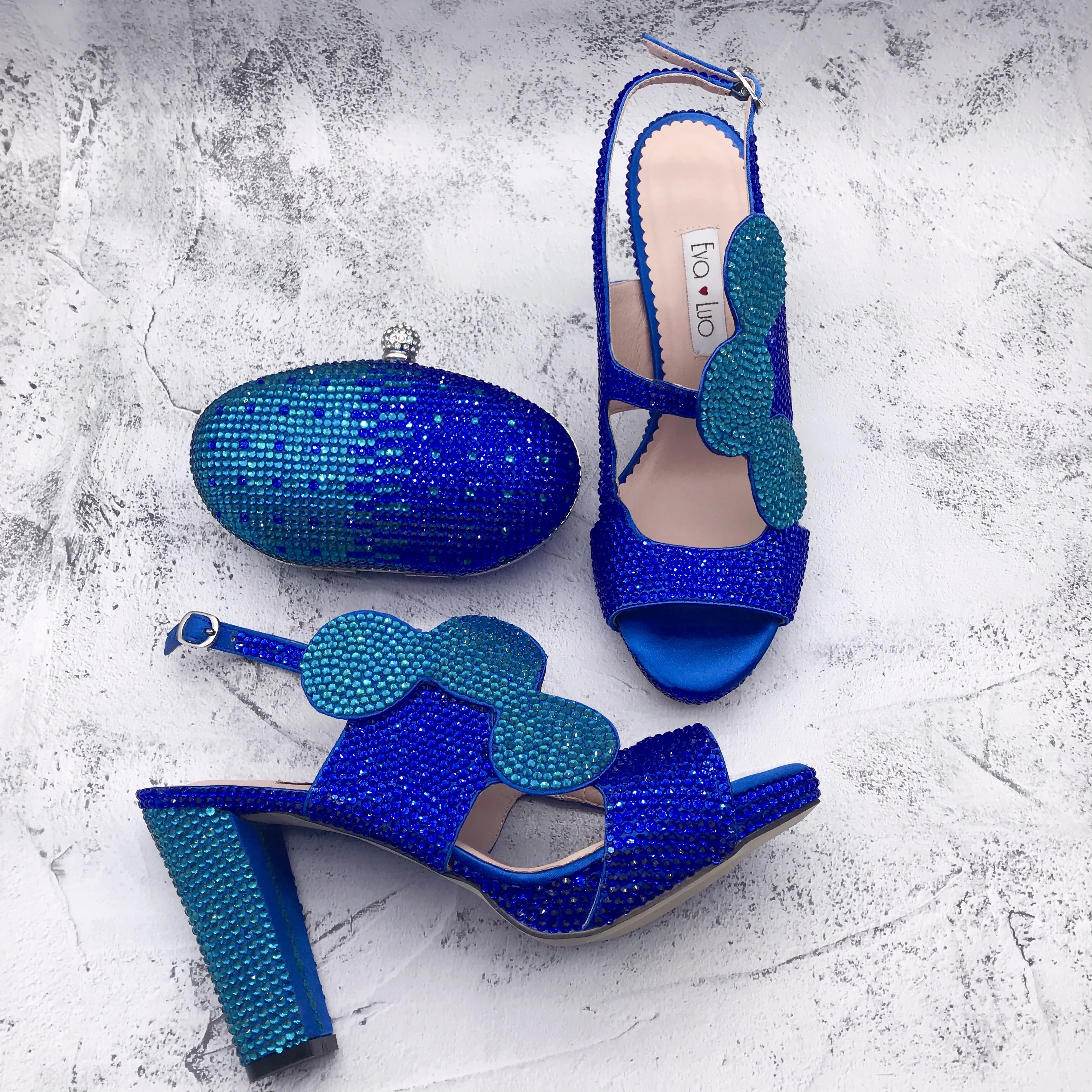 BS1434 Customizable Various Heel  Women Shoes Dress Sandals Party Turquoise Crystal Royal Blue Shoes With Bag Matching Set