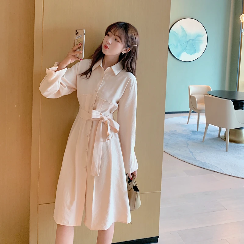 Midi Dress 2021 Autumn Korean New Turndown Collar Single-breasted Shirt Dress Waist Tie Bow Belt Long-sleeved Knee-length Dress