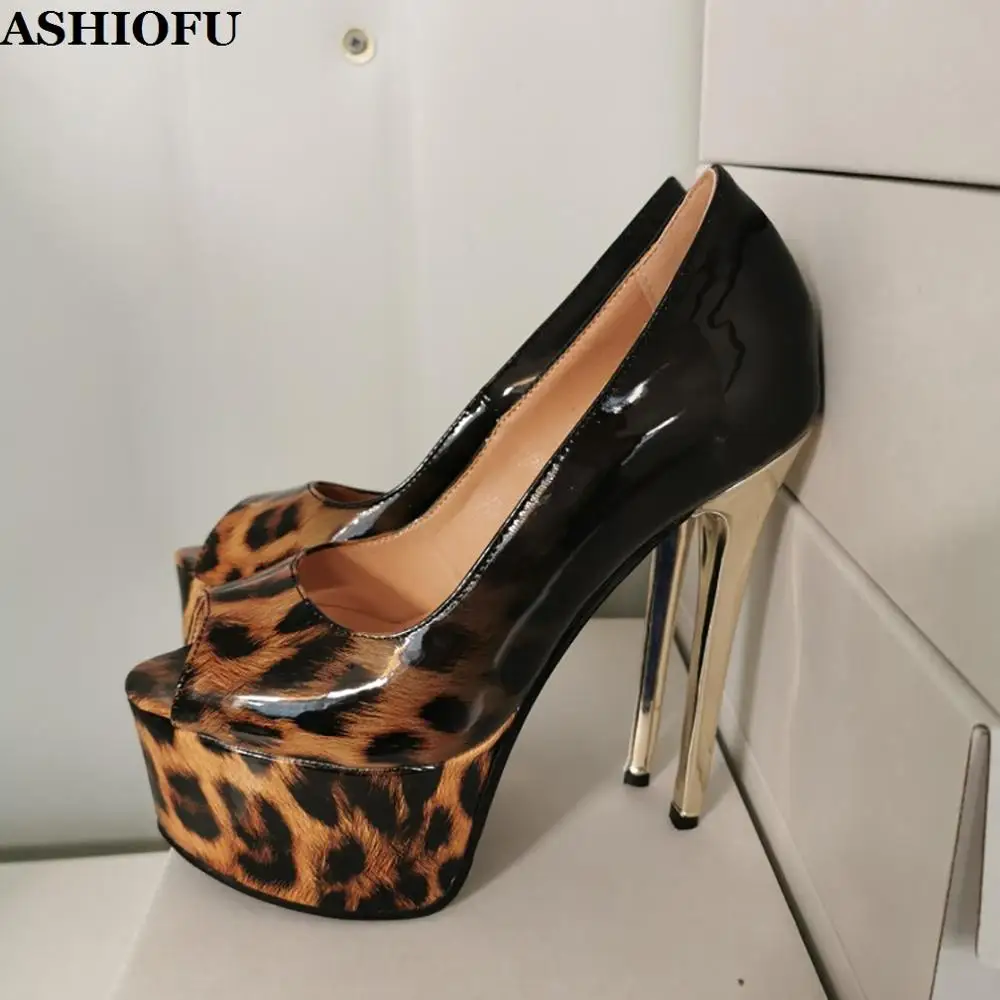 

ASHIOFU Handmade Women High Heel Pumps Gradient Leopard Party Prom Dress Shoes Peep-toe Slip-on Real Photos Evening Court Shoes