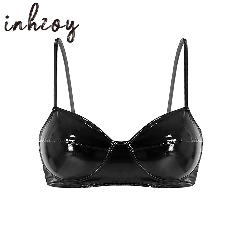 Women Black Soft Faux Leather Sexy Lingerie No Pad Bralette Push up Bra Tops for Female Nightclub Party Performance Rave Costume