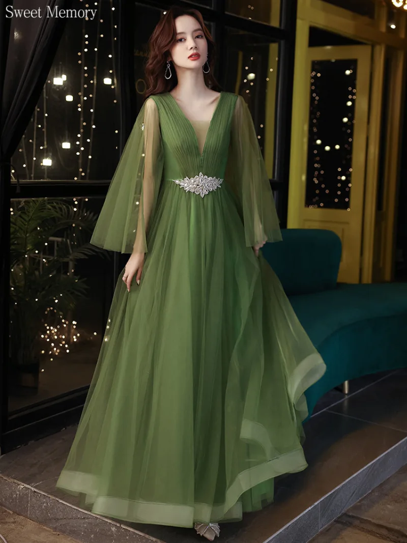 Crystal Elegant Green Tulle Evening Dress Woman Prom Robe Wedding Guest Dress Formal Gowns Lace Up Back Homecoming Vestido