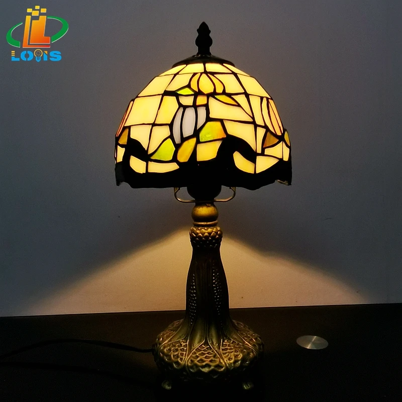 European 8 Inch Tulip Small Table Lamp Tiffany Style Café Bar Glass Antique Night Light Bedroom Bedside Computer Desk Lamps