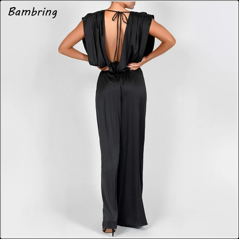 Elegant Satin Sleeveless Rompers Women Fashion Party Deep V Neck Wide Leg Long Jumpsuits Ladies Sexy Backless Lace-up Overalls