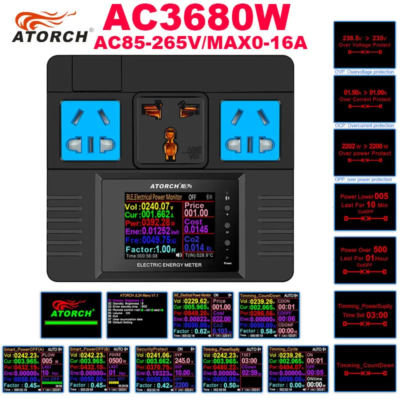 

ATORCH 2.4" Inch Color Display AC220V Smart Power OFF safety protection Timing socket Three Interface suitable for EU UK US Plug