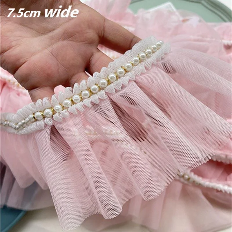 Pink Widened Pleated Beaded Gauze Lace Fabric DIY Children's Dress Cake Skirt Neckline Fluffy Cuffs Home Textile Pet Bib Sewing