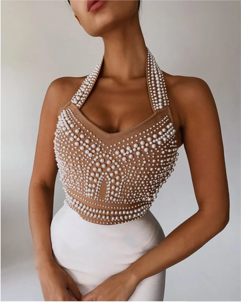 Top Quality High Street White Black Sexy Off Shoulder Sleeveless Beading Shining Knee Length Bandage Dress  2020 Celebrity Party