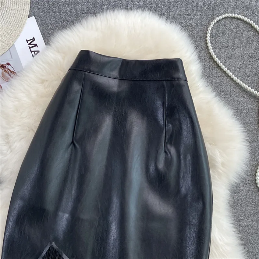 Gowyimmes 2021 New Autumn Winter Fashion Sexy Women PU Skirt Big Size Lady High Waist Tassel Skirts Female Midi Long Skirt P1091