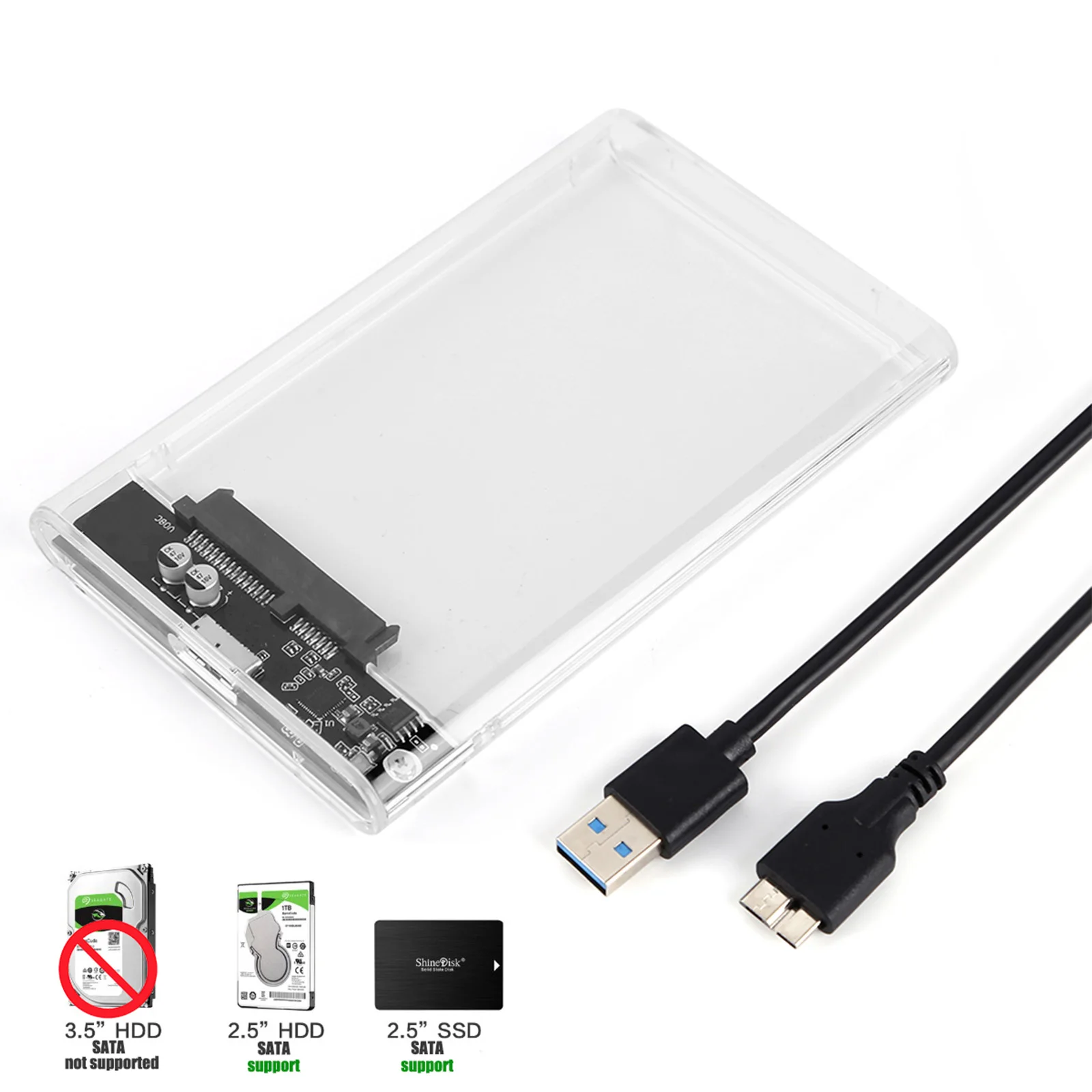 Carcasa de disco duro SATA a USB 3,0, puerto Serial de 2,5 pulgadas, carcasa transparente de 2TB, HDD externo móvil