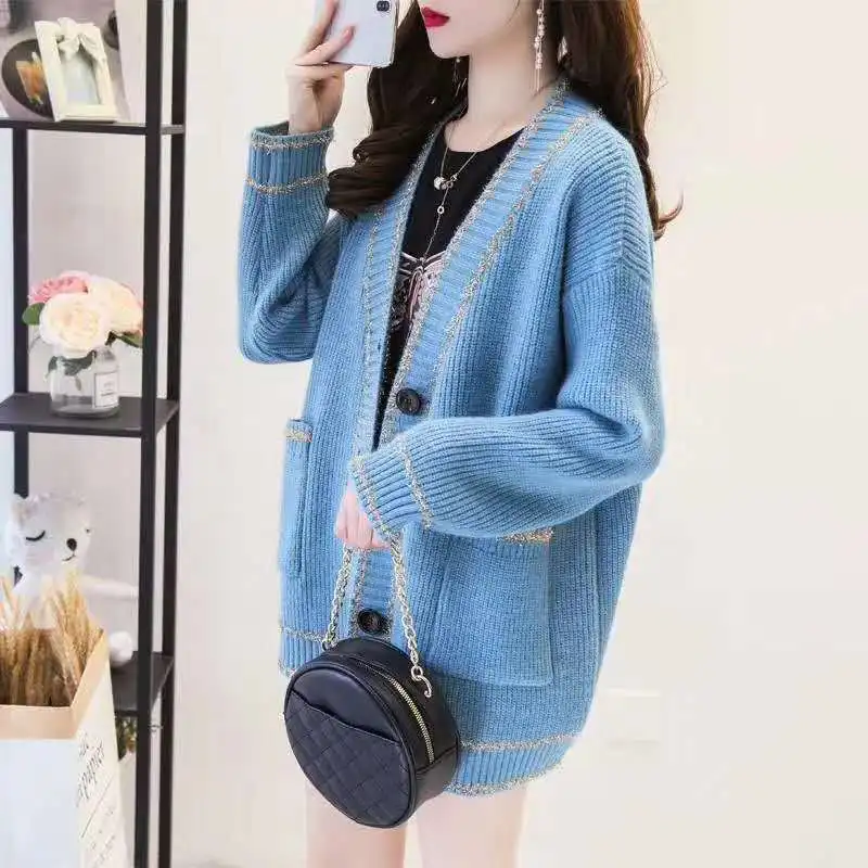 

Fad Autumn Spring Women's Long Cardigans Knitted Solid Korean Style Sweater Single Breasted V Neck with Pockets Casual Outwear