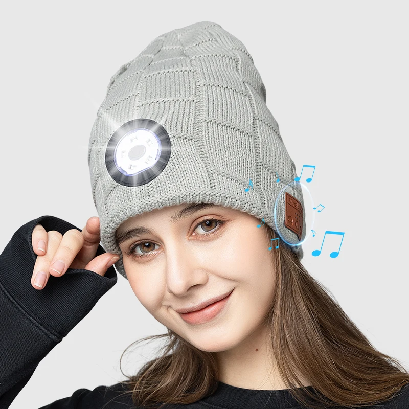 Unisex Bluetooth compatible V5.0 Beanie LED Hat,Wireless Headphone Beanie USB Rechargeable Lighted Cap with Built-in HD Stereo