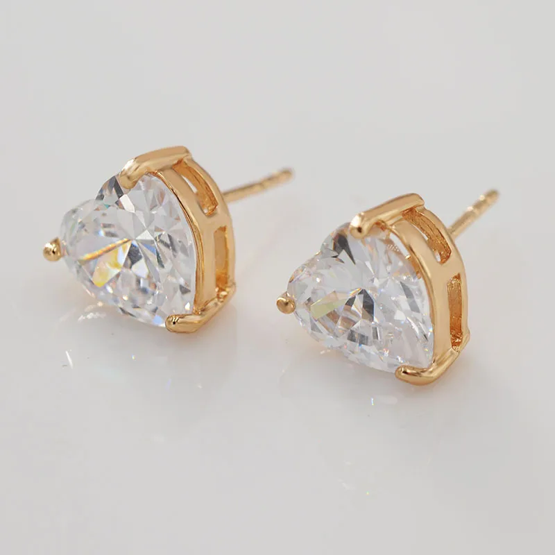 Wholesale Jewelry --  Single Heart CZ 9mm Stud Earrings for Women Gold Plated 18 k AAA+ Cubic Zircon