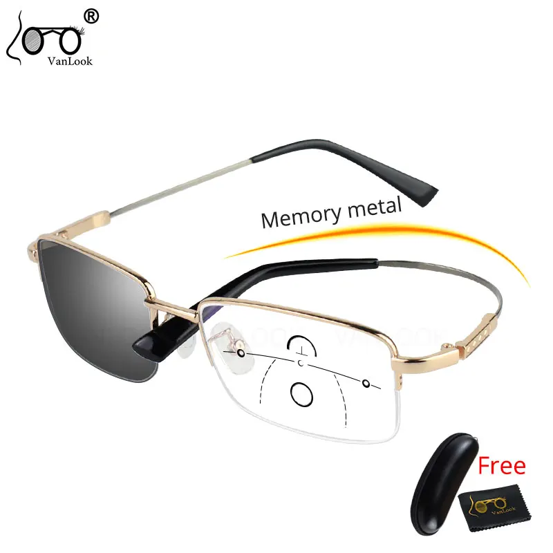 

Photochromic Progressive Multifocal Reading Glasses With Diopters Mens Women Anti Blue Ray Memory Metal Gold Half Eyewear Frame