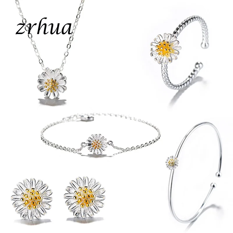 

Silver Color Jewelry Sets for Women Flower Pendant Necklace Earrings Ring Bracelet Bangle Elegant Engagement-Gifts