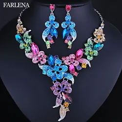 Farlena-女性用の花とラインストーンのネックレスとイヤリングのセット,ウェディングジュエリー,色とりどりのクリスタル,アフリカンスタイル