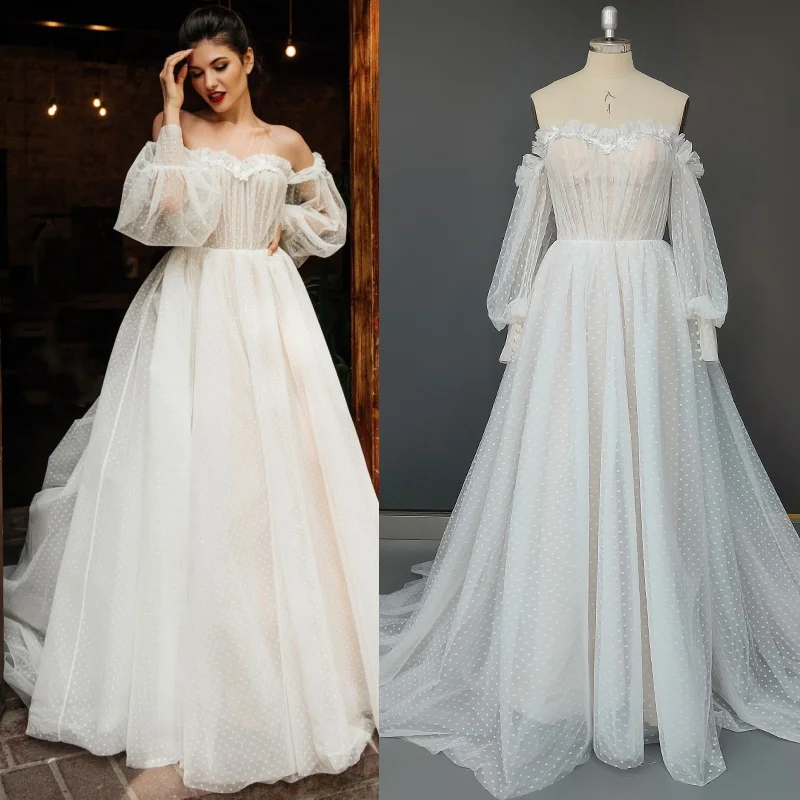 8307#Sweetheart Sexy Long Sleeve A-Line Customzied Off-Shoulder Dot Mesh Bohemian Open Back Wedding Dress Wedding Bridal Gown