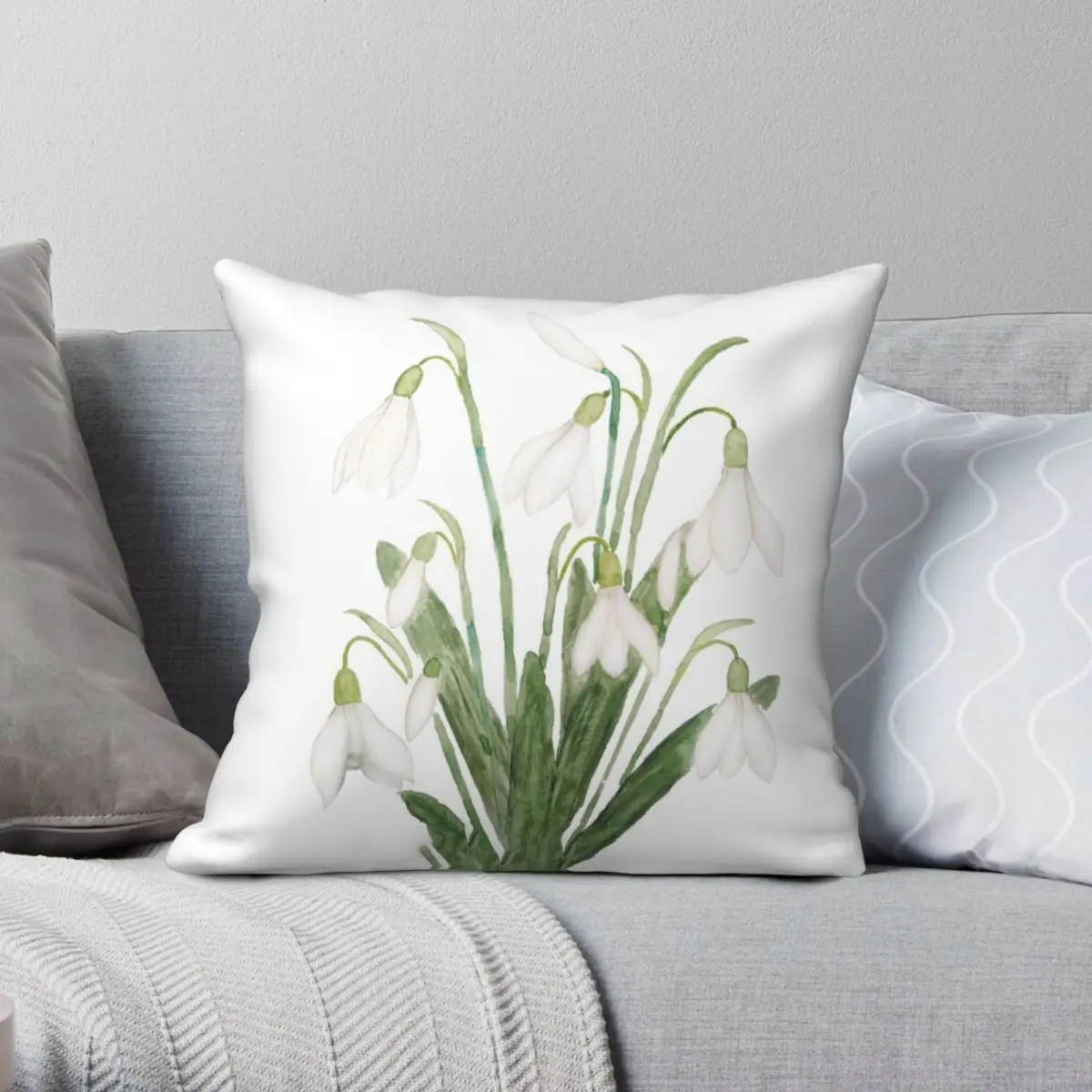 White Snowdrop Botanical Square Pillowcase Polyester Linen Velvet Printed Zip Decor Sofa Seater Cushion Cover