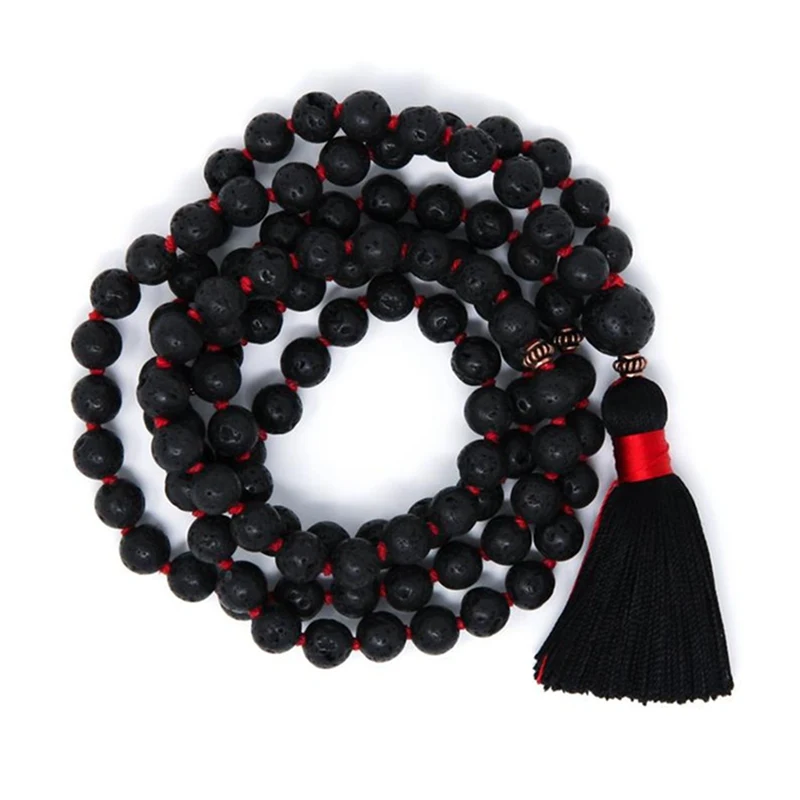 

8mm Natural Lava Stone 108 Beads Handmade Tassel Necklace Unisex Healing Yoga Chakra Lucky Prayer Religious Mala Men