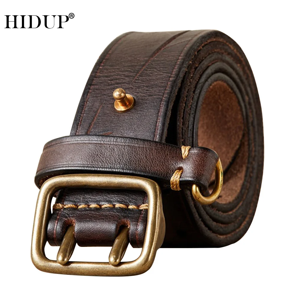 HIDUP Unique Design Brass Double Pin Buckle Retro Style Cowskin Leather Belt Personality Cowhide Belts Jeans Accessories NWJ1122