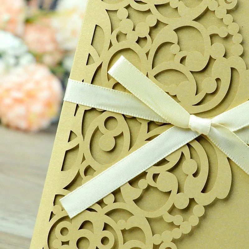 1pcs Laser Cut Wedding Invitations Card Tri-Fold Elegant Lace Business Flowers Greeting Cards & Ribbon Wedding Party Decoration