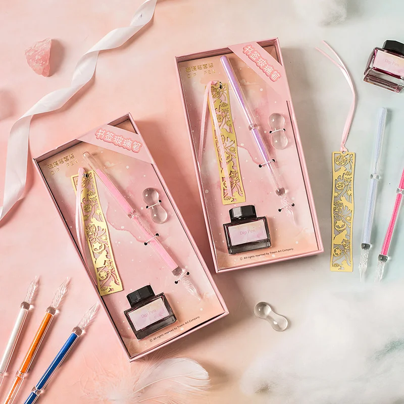 

Cute Glass Dip Pen Set New 3pcs Signature Pencil Business Gift Glass Pens Student Dip Pencils Color Gifts Box Art Supplies